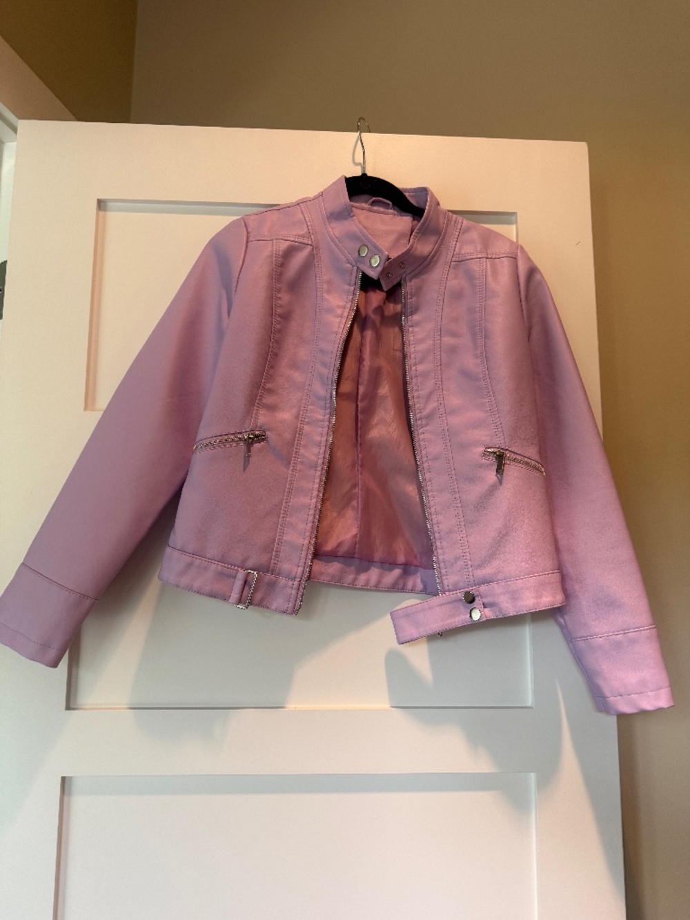 Stand Color Faux Leather Jacket in Lavender